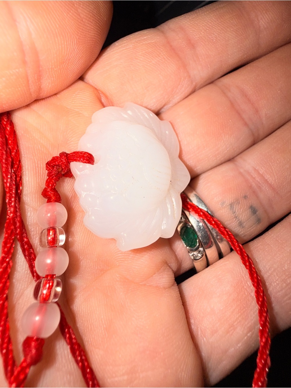 White Jade Floral Pendant Necklace on Red silk Cord